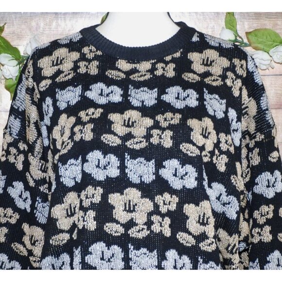 Vintage Extra Touch Black Sweater Womens Size 22W Metallic Floral Retro Pullover - Picture 2 of 8
